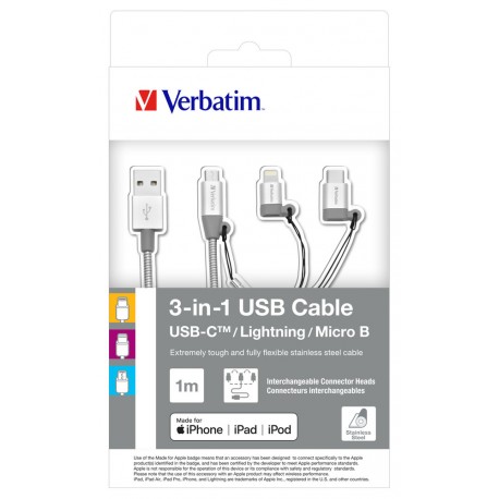 Kabel USB na mikro USB + Lightning + USB-C Verbatim Stainless Steel 3v1 (48870)