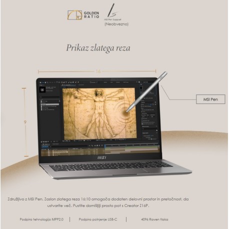 Prenosnik MSI Creator Z16P i7-12700H, 32GB, SSD 1TB, RTX3070TI
