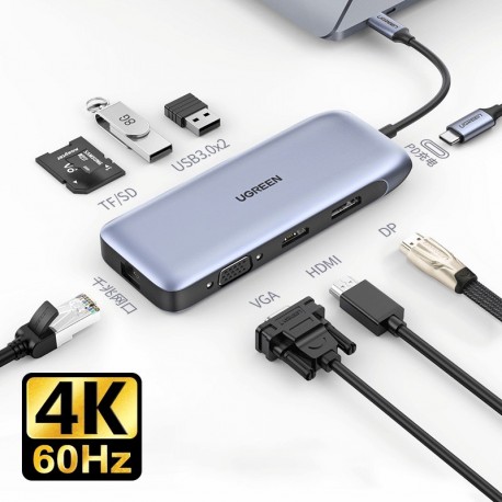 Ugreen USB-C Hub 9v1 4K HDMI, 4K DP, VGA, RJ45, 2xUSB 3.2, MicroSD - box