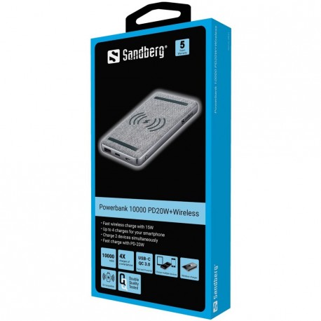 Prenosna baterija Sandberg Powerbank 10000 mAh PD 20W + QI Wireless