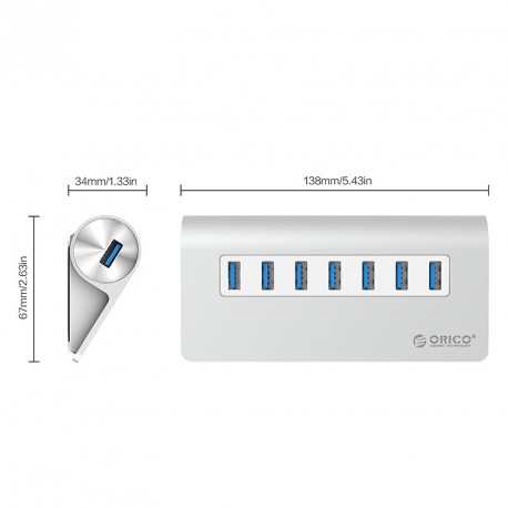 USB hub s 7 vhodi, USB 3.0, zunanje napajanje, aluminij, ORICO M3H7,