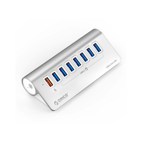 USB-C hub s 7 vhodi, 7x USB-A 3.2 Gen1, 1x USB-A PD, 5Gbps, z napajanjem, alumin