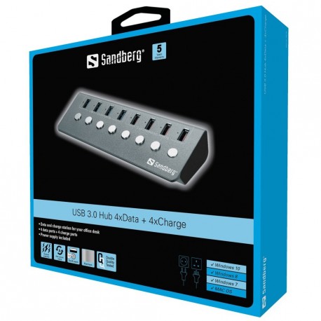 Sandberg 4 portni USB 3.0 hub z dodatnimi 4 porti za polnjenje naprav