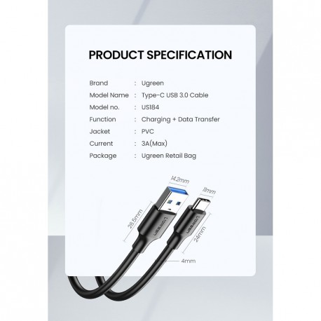 Kabel Ugreen USB A 3.0 na USB-C - 0,5m - polybag