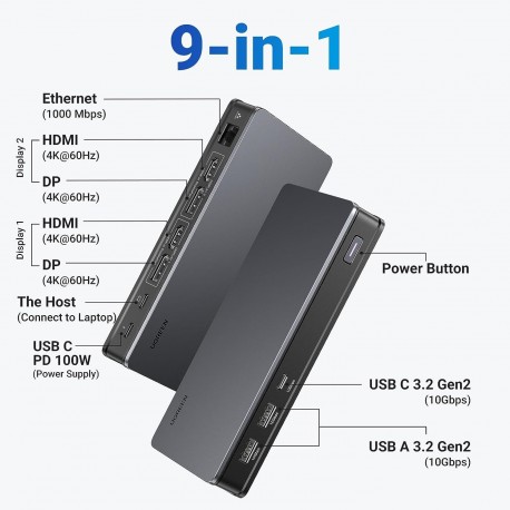 Priklopna postaja Ugreen 9v1 Revodok USB C 4K z dvojnim zaslonom, univerzalna