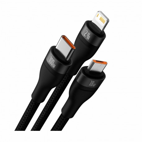 Kabel Baseus USB-A 3v1 Lightning/USB-C/MicroUSB 100W 1.2m črn, CASS030001