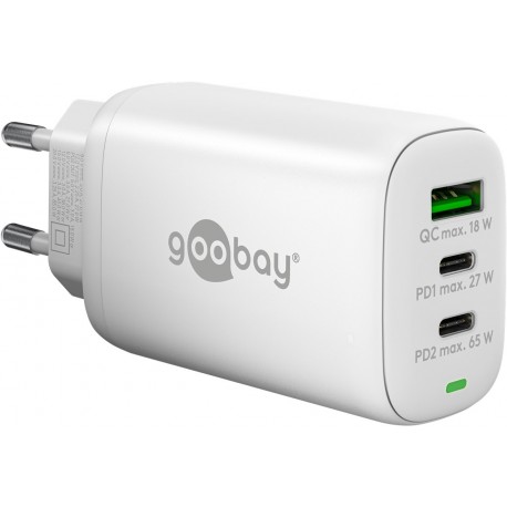 Napajalni adapter 65W GaN Multiport 2x USB-C PD, 1x USB-A QC, bel