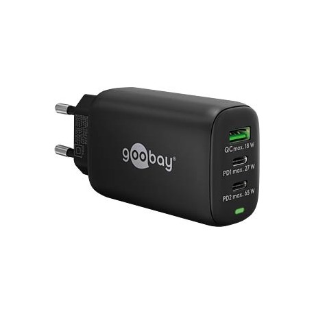 Napajalni adapter 65W GaN Multiport 2x USB-C PD, 1x USB-A QC, črn