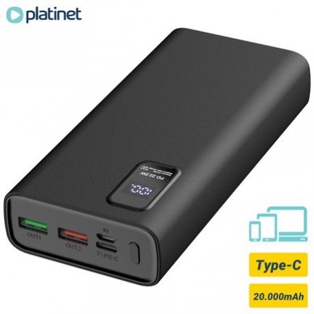 Prenosna baterija Powerbank Platinet 20.000mAh, USB-C, črn