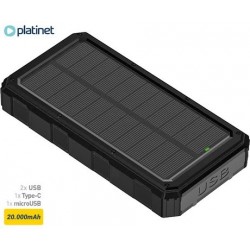 Prenosna baterija Powerbank Platinet PMPB20SP, 20.000mAh, solarno polnjenje, črn