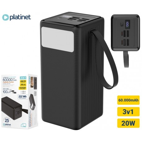 Prenosna baterija Powerbank Platinet PMPB6020, 20W, 60.000mAh