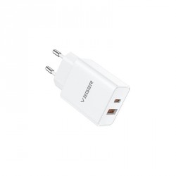 Polnilec VEGER VLS302U 2-portni, USB-A/USB-C, QC3.0/PD3.0, bel