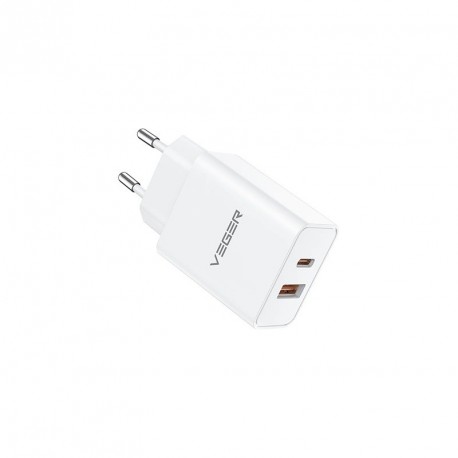 Polnilec VEGER VLS302U 2-portni, USB-A/USB-C, QC3.0/PD3.0, bel