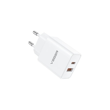 Polnilec VEGER VLS302U 2-portni, USB-A/USB-C, QC3.0/PD3.0, bel