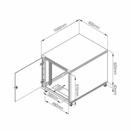 Samostoječi kabinet Triton 12U 620 600x1000, črn, sestavljen, s kolesi,