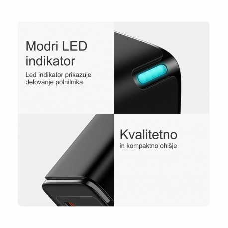 Polnilec Baseus CCGP120201, 65W, 2x USB-C, USB-A, ProQC, črn