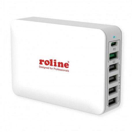 Polnilec Roline 60W, USB-C, 5x USB-A, QC PD, bel