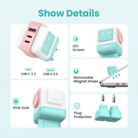 Polnilec Ugreen Nexode Robot GaN 65W, USB-C, USB-A, roza
