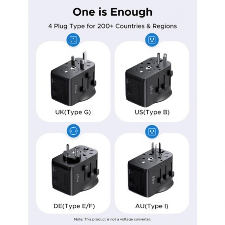 Univerzalni potovalni polnilec Ugreen 65W, 2x USB-C, 1x USB-A, črn