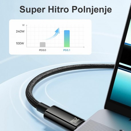 Kabel Baseus USB C-C 240W Tungsten Gold pleten črn, 2m
