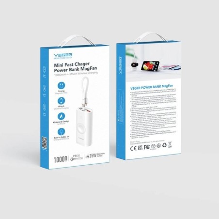 Prenosna baterija Powerbank VEGER MagFan, 10.000 mAh, bela