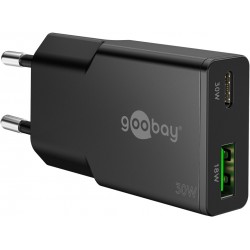 Polnilec Goobay 30W GaN Multiport 1x USB-C PD, 1x USB-A QC, črn