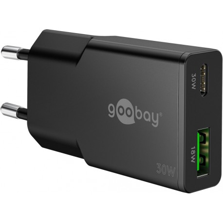 Polnilec Goobay 30W GaN Multiport 1x USB-C PD, 1x USB-A QC, črn