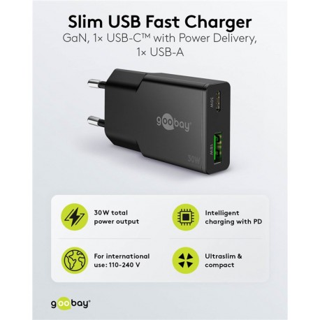Polnilec Goobay 30W GaN Multiport 1x USB-C PD, 1x USB-A QC, črn