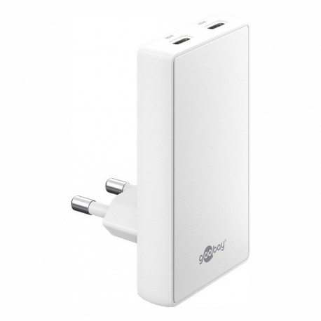 Polnilec Goobay 90° Flat 65W GaN Multiport 2x USB-C PD, bel