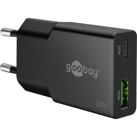 Napajalni adapter Goobay 20W Dual PD GaN Fast Charger Nano Slim, črn