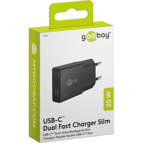 Napajalni adapter Goobay 20W Dual PD GaN Fast Charger Nano Slim, črn