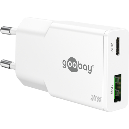 Napajalni adapter Goobay 20W Dual PD GaN Fast Charger Nano Slim, bel