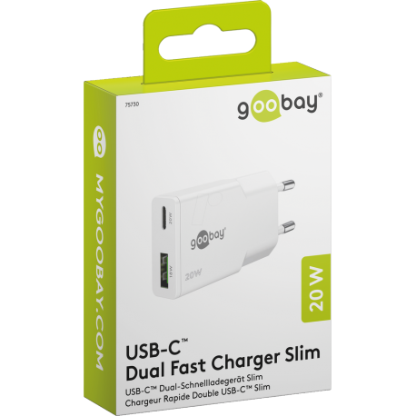 Napajalni adapter Goobay 20W Dual PD GaN Fast Charger Nano Slim, bel