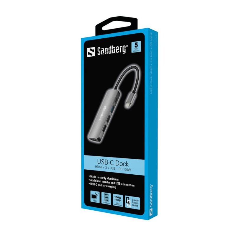 Priklopna postaja Sandberg USB-C,  HDMI + 3x USB 3.0, 100W