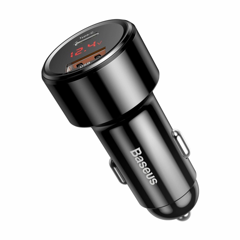 Pretvornik USB - 12V avtomobilski 45W 1x Tip A, 1x Tip C, PD, QC, črn, Baseus