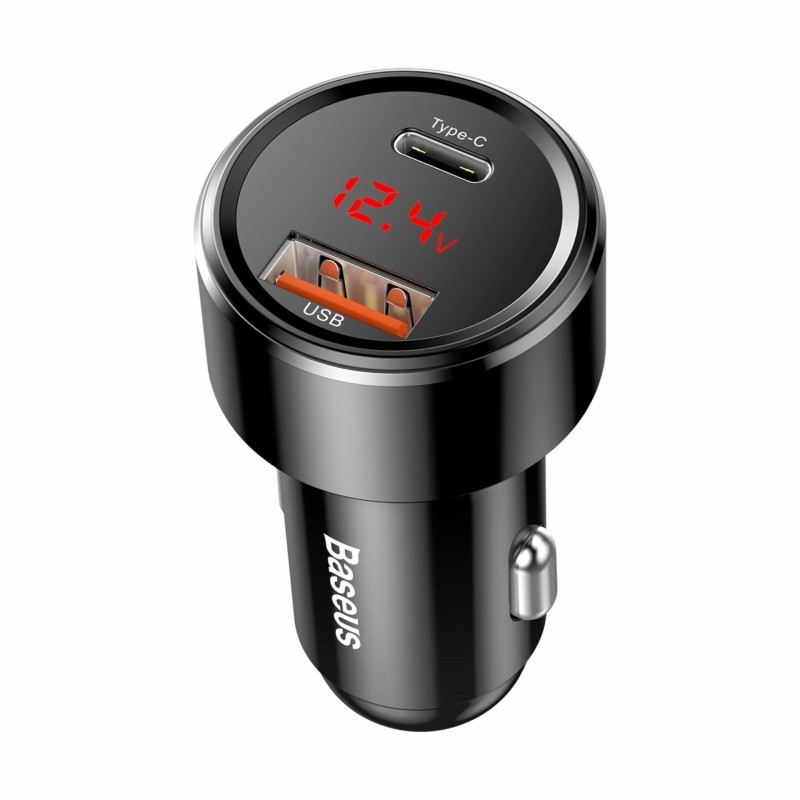 Pretvornik USB - 12V avtomobilski 45W 1x Tip A, 1x Tip C, PD, QC, črn, Baseus