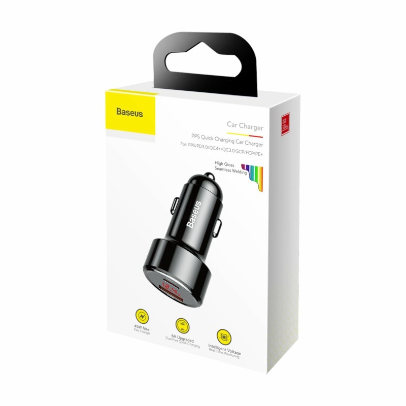 Pretvornik USB - 12V avtomobilski 45W 1x Tip A, 1x Tip C, PD, QC, črn, Baseus