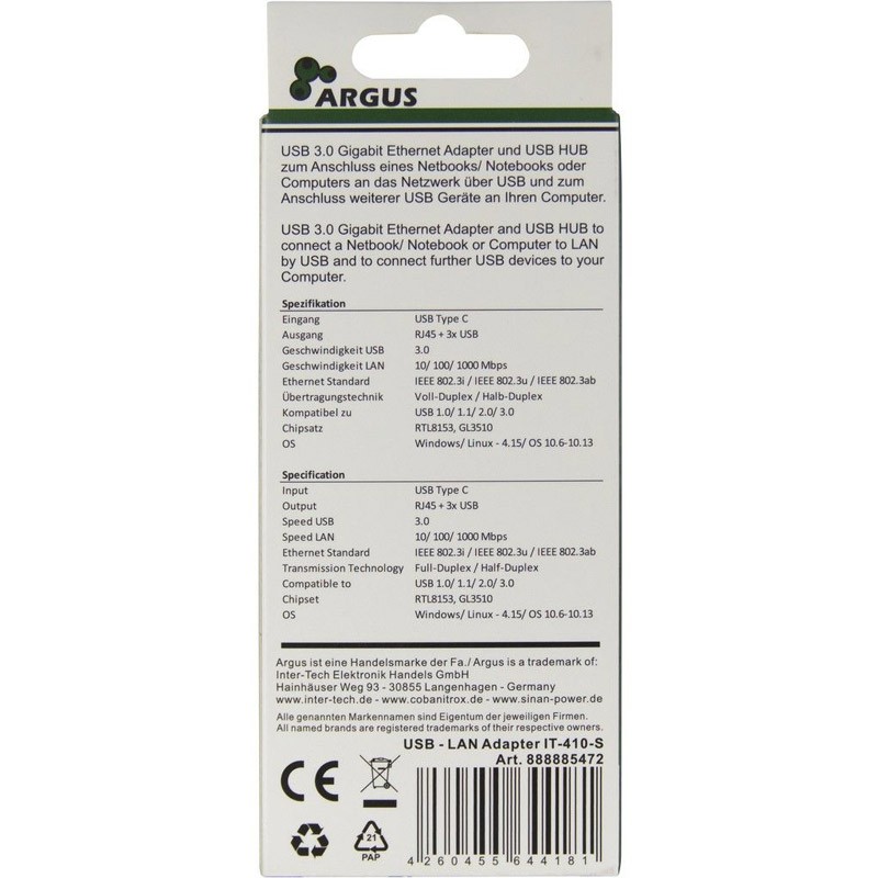 Adapter INTER-TECH Argus IT-410-S (RJ45, 3× USB 3.0, USB-C LAN)