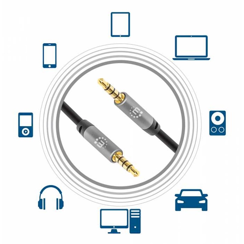 Kabel 3,5 mm Stereo moški/moški MANHATTAN, 3 m, črno/srebrna