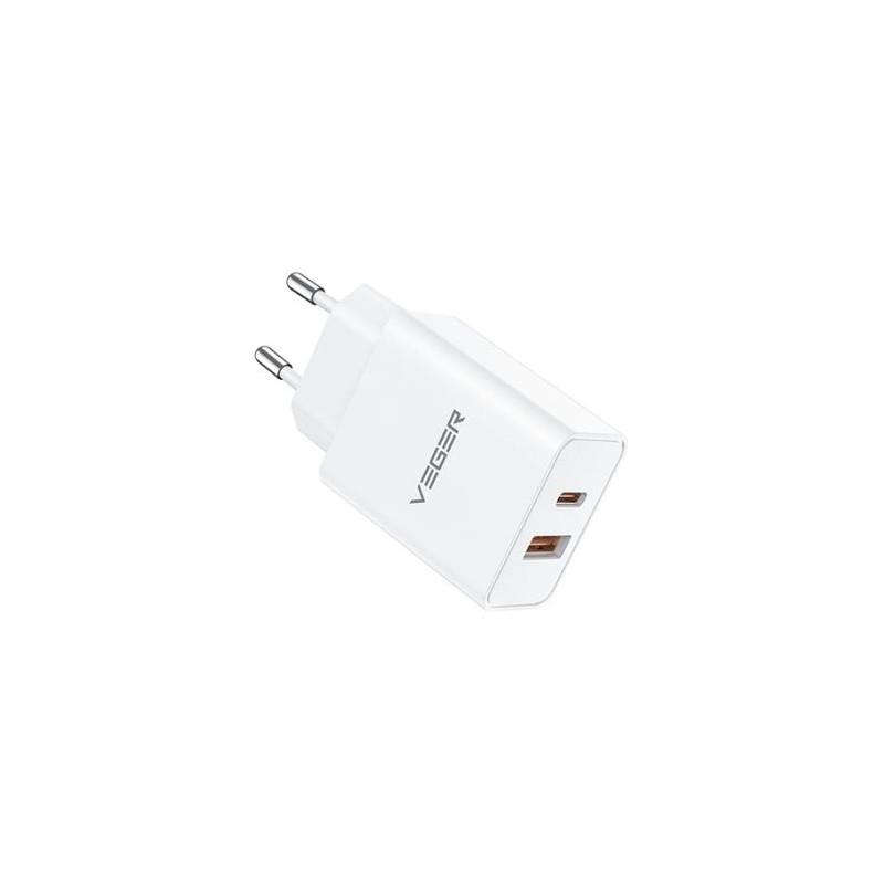 Polnilec VEGER VLS302U 2-portni, USB-A/USB-C, QC3.0/PD3.0, bel