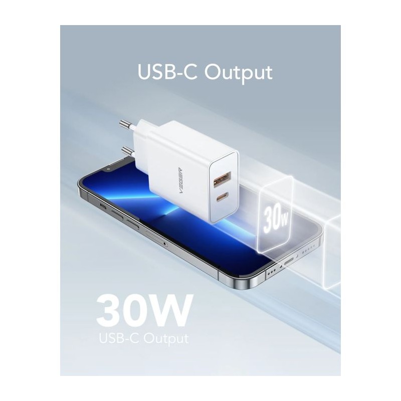 Polnilec VEGER VLS302U 2-portni, USB-A/USB-C, QC3.0/PD3.0, bel