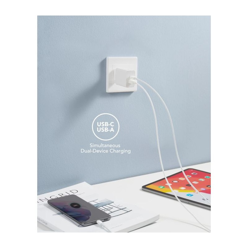 Polnilec VEGER VLS302U 2-portni, USB-A/USB-C, QC3.0/PD3.0, bel