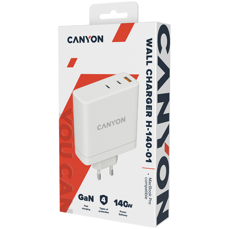 Stenski polnilec CANYON H-140-01, USB-A in 2x USB-C