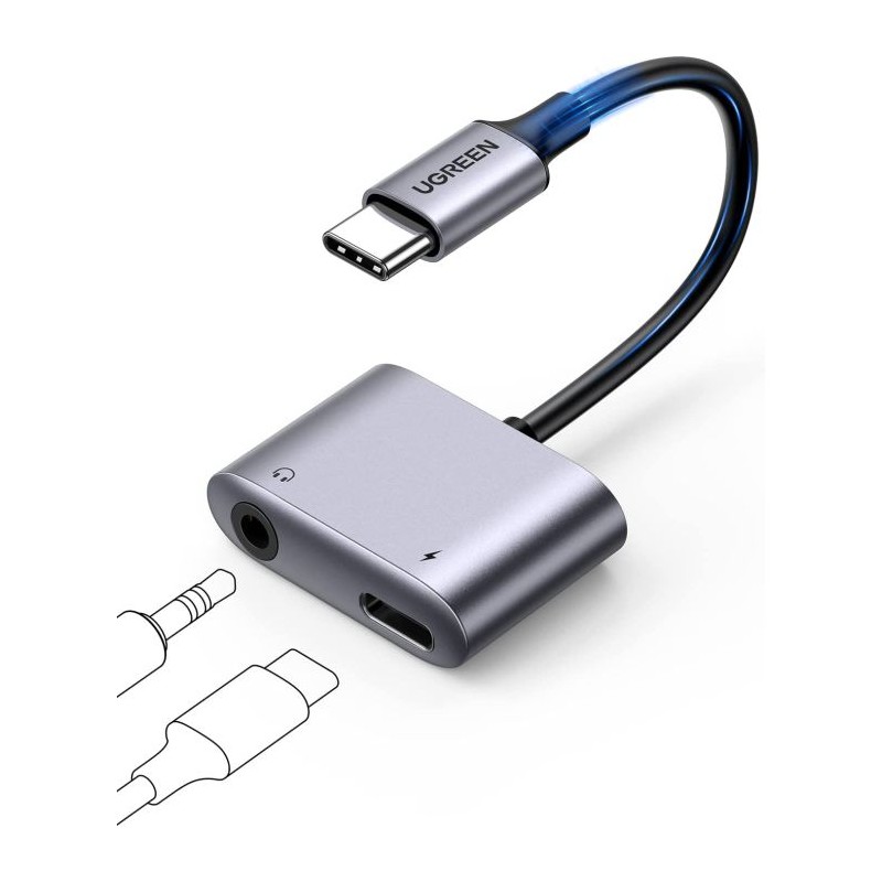 Adapter Ugreen 60164, USB-C v 3,5mm za slušalke in polnjenje 2v1