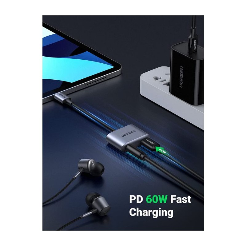 Adapter Ugreen 60164, USB-C v 3,5mm za slušalke in polnjenje 2v1
