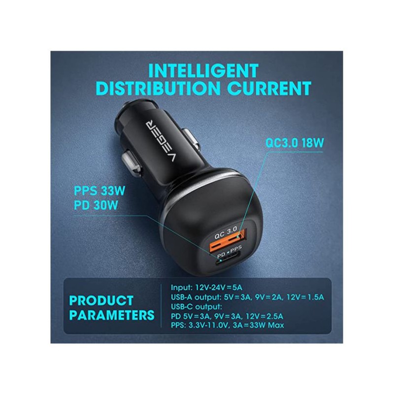 VEGER avtopolnilec CC62 USB+USB-C PD, QC3.0 51W