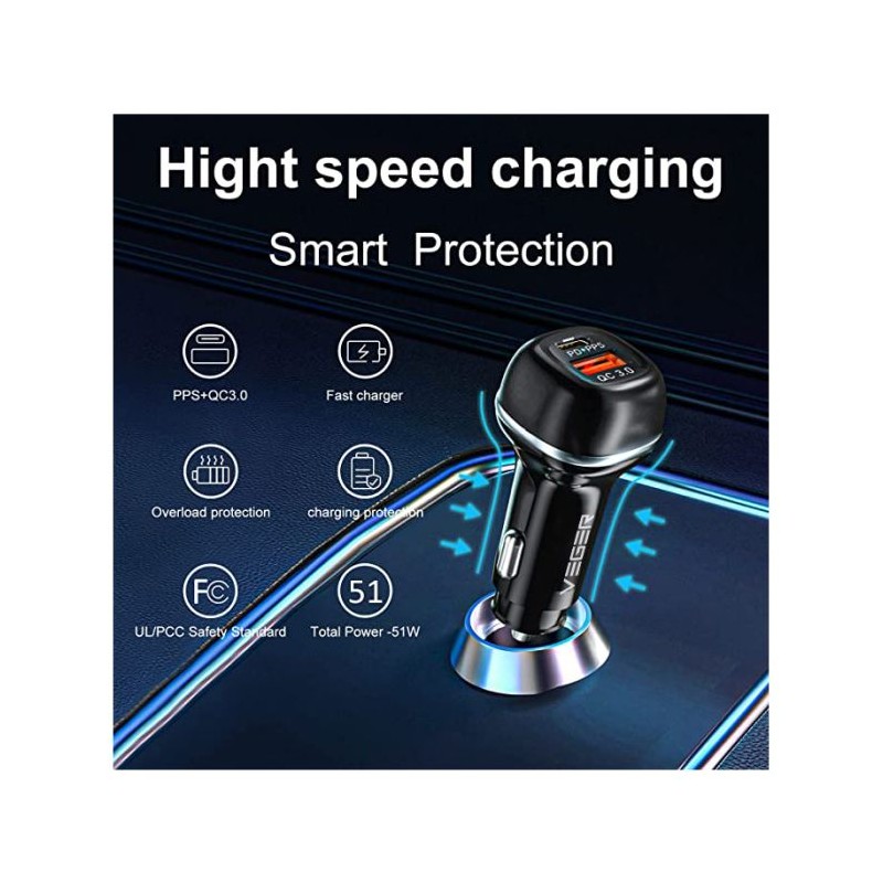 VEGER avtopolnilec CC62 USB+USB-C PD, QC3.0 51W