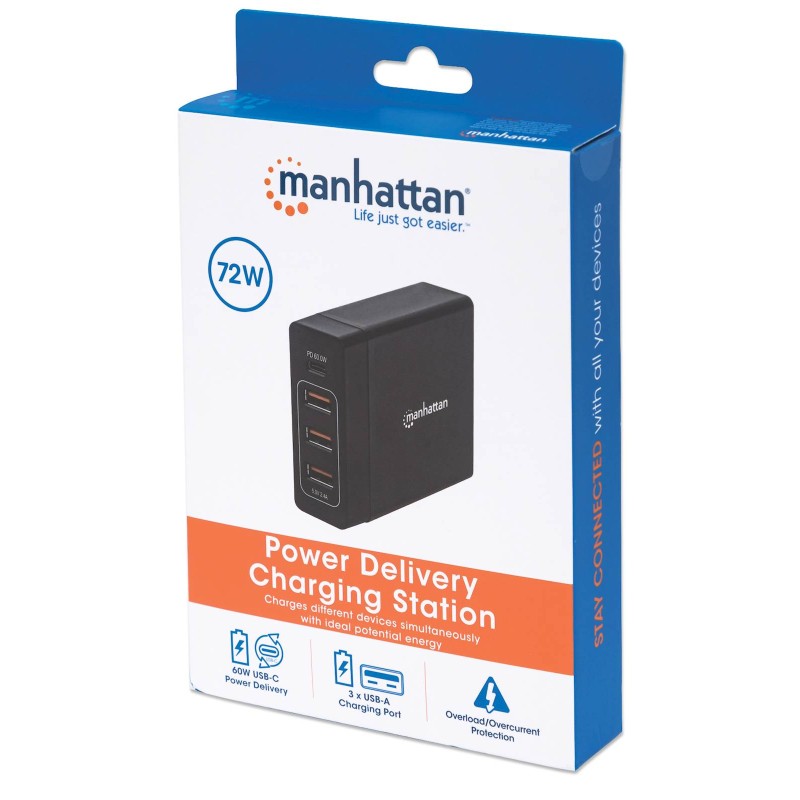 Polnilna postaja za 4 naprave MANHATTAN - 72W, 1xUSB-C in 3xUSB-A