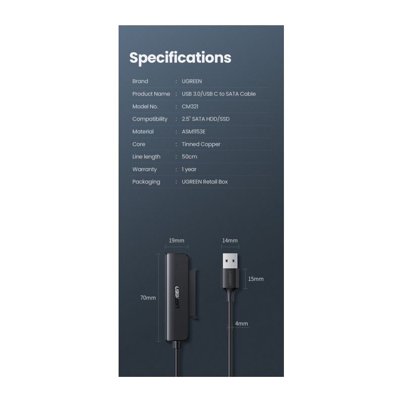 Adapter Ugreen za 2.5 HDD/SSD - SATA III na USB 3.2