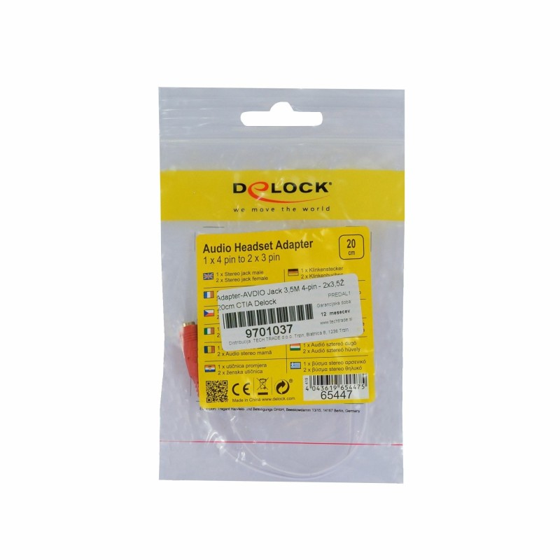 Adapter-AVDIO Jack 3,5M 4-pin - 2x3,5Ž 20cm CTIA Delock